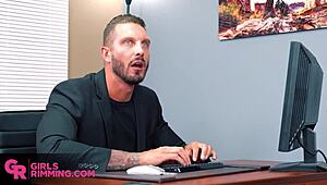 Gorgeous petite brunette Hazel Moore rims and milks Quinton James in hot office lactating fetish scene