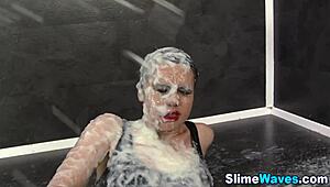 glamour european babe in heels masturbates to messy bukkake facial cumshot fetish