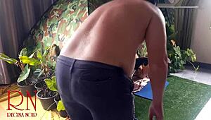 Stranger dominates nudist lady's pussy in kinky outdoor forest camping sex voyeur style