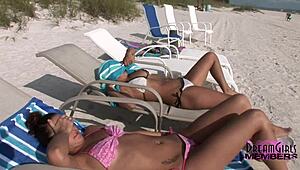 Two Tanned Bikini Coeds Tease Shaved Pussies After Beach Party Shower