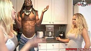 Mom and daughter sharing a huge black cock in steamy interracial threesome