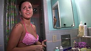Two Tanned Bikini Coeds Tease Shaved Pussies After Beach Party Shower