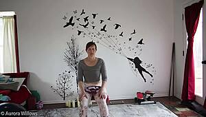 Milf wife guides yoga poses with big ass and natural tits on display.