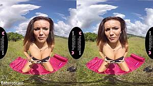 Vanessa Decker's solo brunette pussy fingering and tit play outdoors in erotic vr