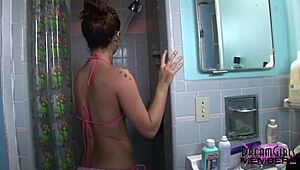 Two Tanned Bikini Coeds Tease Shaved Pussies After Beach Party Shower