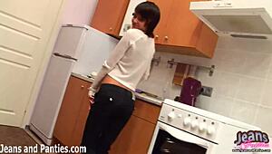 The girl next door neighbor strips tight skinny jeans slowly for you to watch