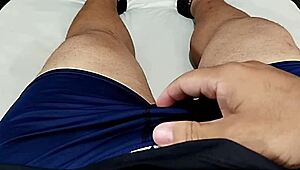 Neighbor masturbates wildly as small phimosis cock handjobs cum