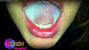 karen swirls massive jizz loads on her tongue in slow motion cumshot