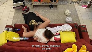 Hot Wife Fucks Delivery Boy on Sofa Creampie Cuckold Action