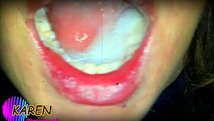 karen swirls massive jizz loads on her tongue in slow motion cumshot