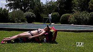 pool boy can't resist curvy redhead's huge natural tits and deepthroat during ecstatic fuck