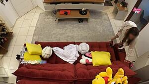 Hot Wife Fucks Delivery Boy on Sofa Creampie Cuckold Action