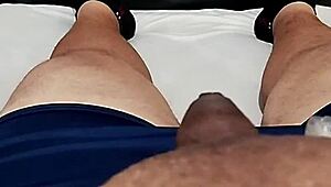Neighbor masturbates wildly as small phimosis cock handjobs cum