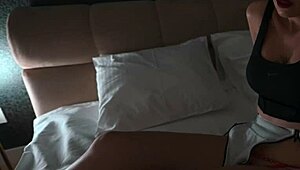 Stepson dreams fucking hot stepmom roommate in hotel bed cowgirl creampie facial