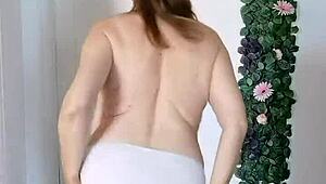 Busty granny spreads legs flashing horny pussy and big tits up close