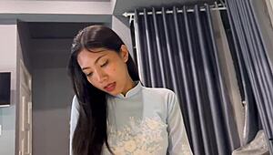 adorable vietnamese teen moans shaved pussy riding date cock to cum on small tits finish