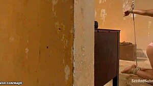 Tied blonde gags on deepthroat before rough anal whipping and bound ass pain