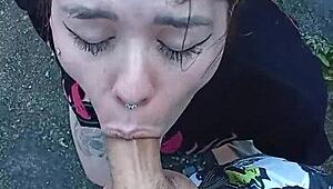 Hey, did you see that sexy Brazilian blonde sucking huge cock bareback on the street in the forest?