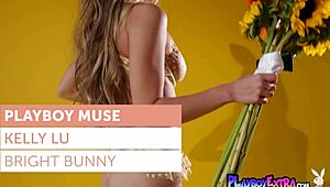 Petite asian teen bunny kelly lu slowly strips lingerie, rips clothes, and poses her pierced nipples nude