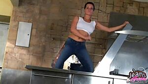 The girl next door neighbor strips tight skinny jeans slowly for you to watch