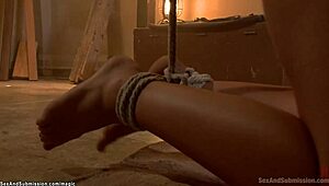 Tied blonde gags on deepthroat before rough anal whipping and bound ass pain