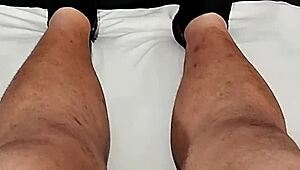 Neighbor masturbates wildly as small phimosis cock handjobs cum