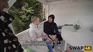 Young couple swaps wife for threesome while boyfriend watches the pounding