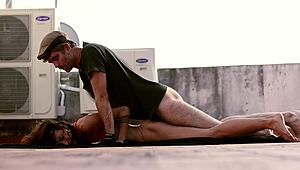 rooftop pounding: her red dress hikes for brutal cock slams