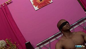 blindfolded black guy pounds brunette milf's shaved pussy doggystyle