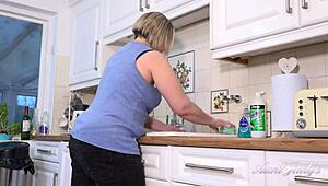 Busty 48yo BBW aunt gets soaking wet fingering in kitchen