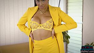 Kira Noir strips business outfit revealing curvy ebony milf body