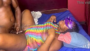 Two sexy African besties share wild threesome climaxing in huge cumshot over fat asses