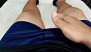 Neighbor masturbates wildly as small phimosis cock handjobs cum