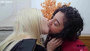 Blonde Brazilian lesbians share deep monster kisses in dragon house