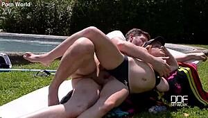 pool boy can't resist curvy redhead's huge natural tits and deepthroat during ecstatic fuck