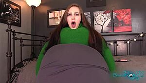 Brunette housewife crossdresses with balloons inflating her fetish belly huge