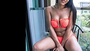 sindy teases in orange bikini before kinky shemale anal domination
