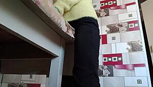 stepsister sneaks solo masturbation orgasms on desk in tight jeans