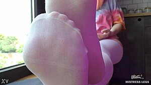 Morning coffee leads to white pantyhose foot tease