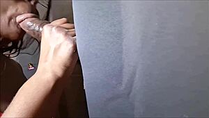 dcb hits gloryhole brunette slurps bbc deepthroat tits out cum covered