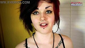 Inked Marci's Shaved Pussy Stretches on Dildo While She Rubs Big Tits