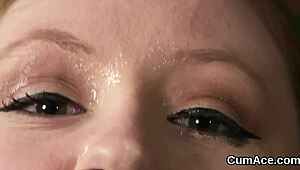 omg this nasty babe's face gets blasted with cum and she slurps every drop