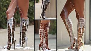 Futanari redhead in heels takes messy blowjob cumshot compilation on face and body!