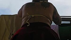 naughty preggo flashes big ass from balcony skirt hike