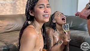 Wuilmari and Ainhoa recycle spew in sloppy FFM fisting gagging piss humiliation