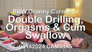 BBW granny Carmen screams through double drilling orgasms before swallowing cum