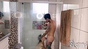 Novinho loses control spanking and fucking sexy blonde's huge natural tits and ass in shower