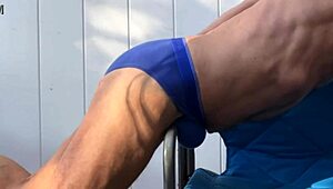 deep pelvic stretching in blue briefs on blue chair late october 2024