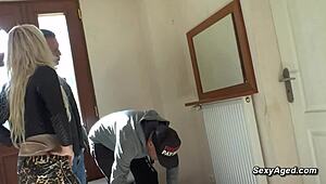 busty blonde mature milf cougar takes double vaginal penetration gangbang riding from group pounding