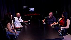 woman stuffs everything in mouth for lesbian scenes as cuckold swingers watch her black cock